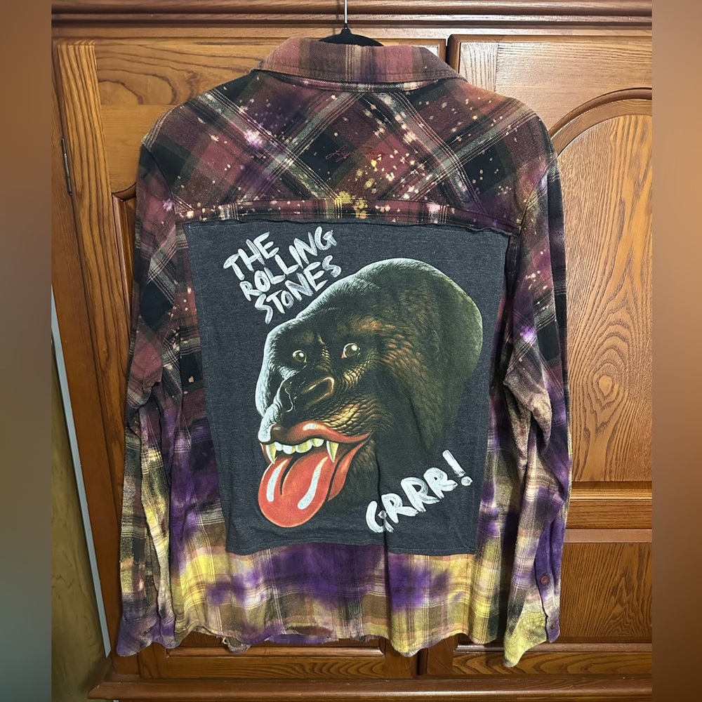 The Rolling Stones upcycled bleached tie dye flannel tee